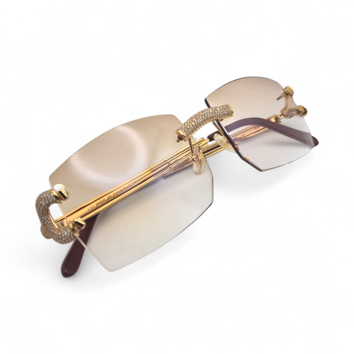 Big C Decor (Iced) - Gold Wires Sunglasses w/ Light Hennessy Brown Bugati Lenses - 5pc Diamonds Micropave Set (2010s)