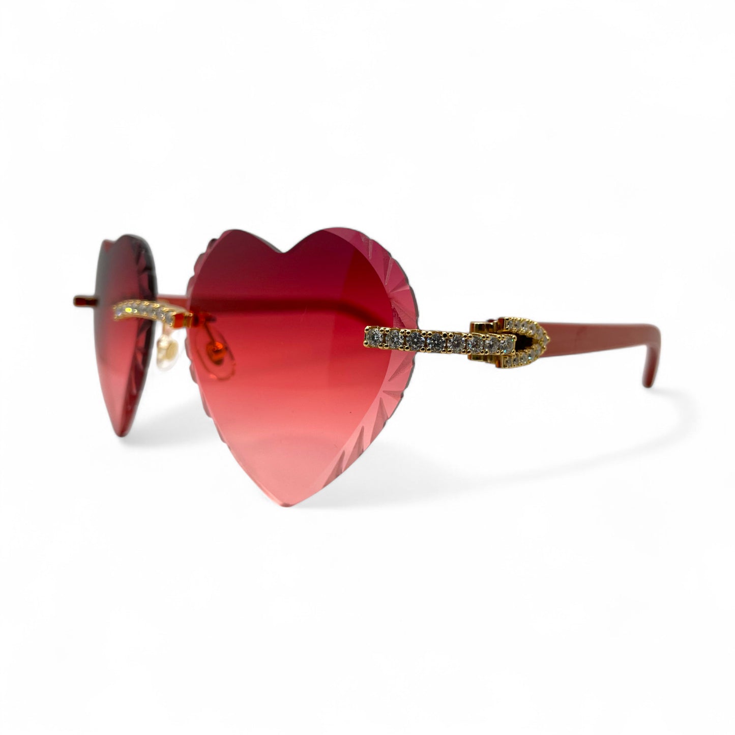C Decor Woods (Iced w/ Diamond Cut) - Gold Red Woods Sunglasses w/ Raspberry Red Heart Lenses - Diamonds Prong Set (2020s)