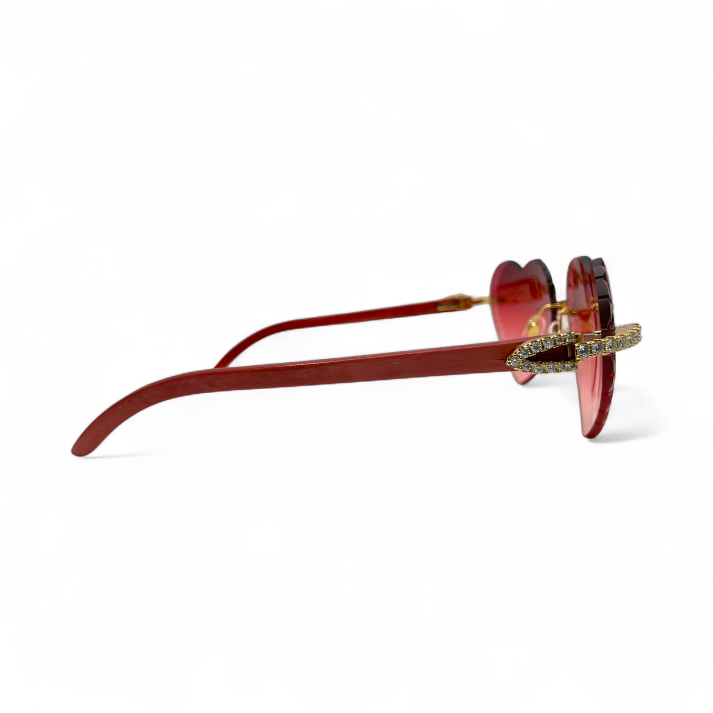 C Decor Woods (Iced w/ Diamond Cut) - Gold Red Woods Sunglasses w/ Raspberry Red Heart Lenses - Diamonds Prong Set (2020s)