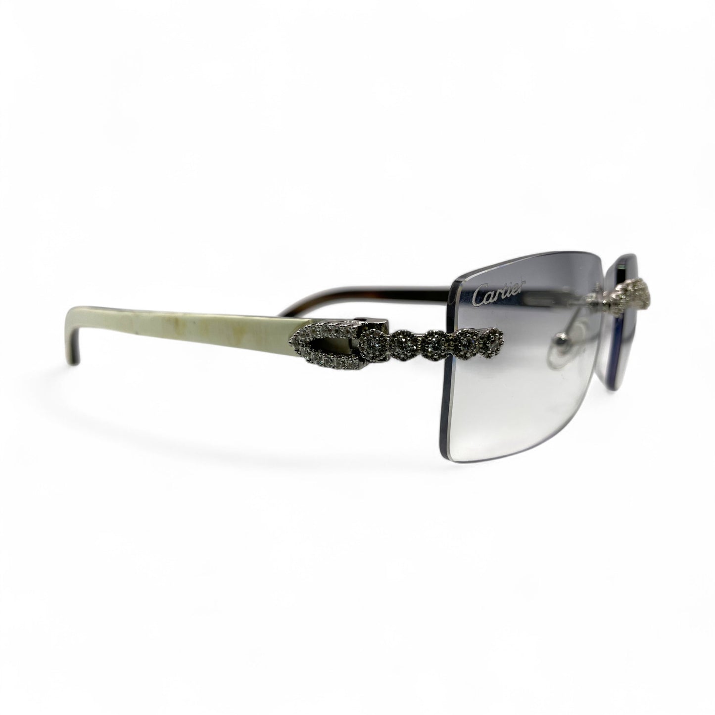 C Decor Buffs (Iced - CZ) - Silver White Genuine Horn Sunglasses w/ Light Gray Lenses - Diamonds Flower Set (2010s)