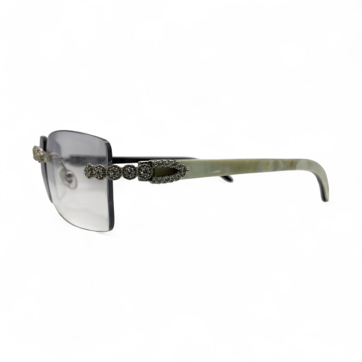 C Decor Buffs (Iced - CZ) - Silver White Genuine Horn Sunglasses w/ Light Gray Lenses - Diamonds Flower Set (2010s)