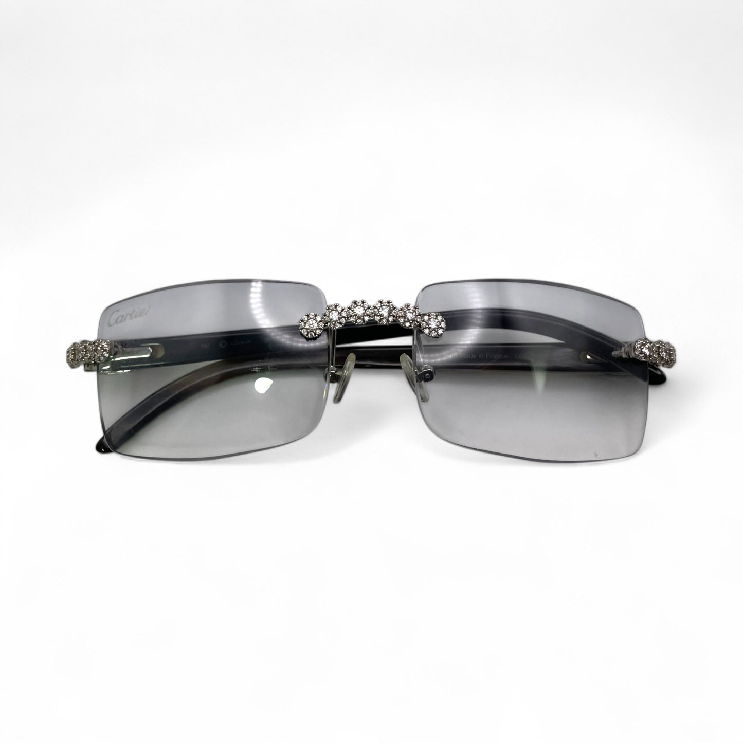 C Decor Buffs (Iced - CZ) - Silver White Genuine Horn Sunglasses w/ Light Gray Lenses - Diamonds Flower Set (2010s)