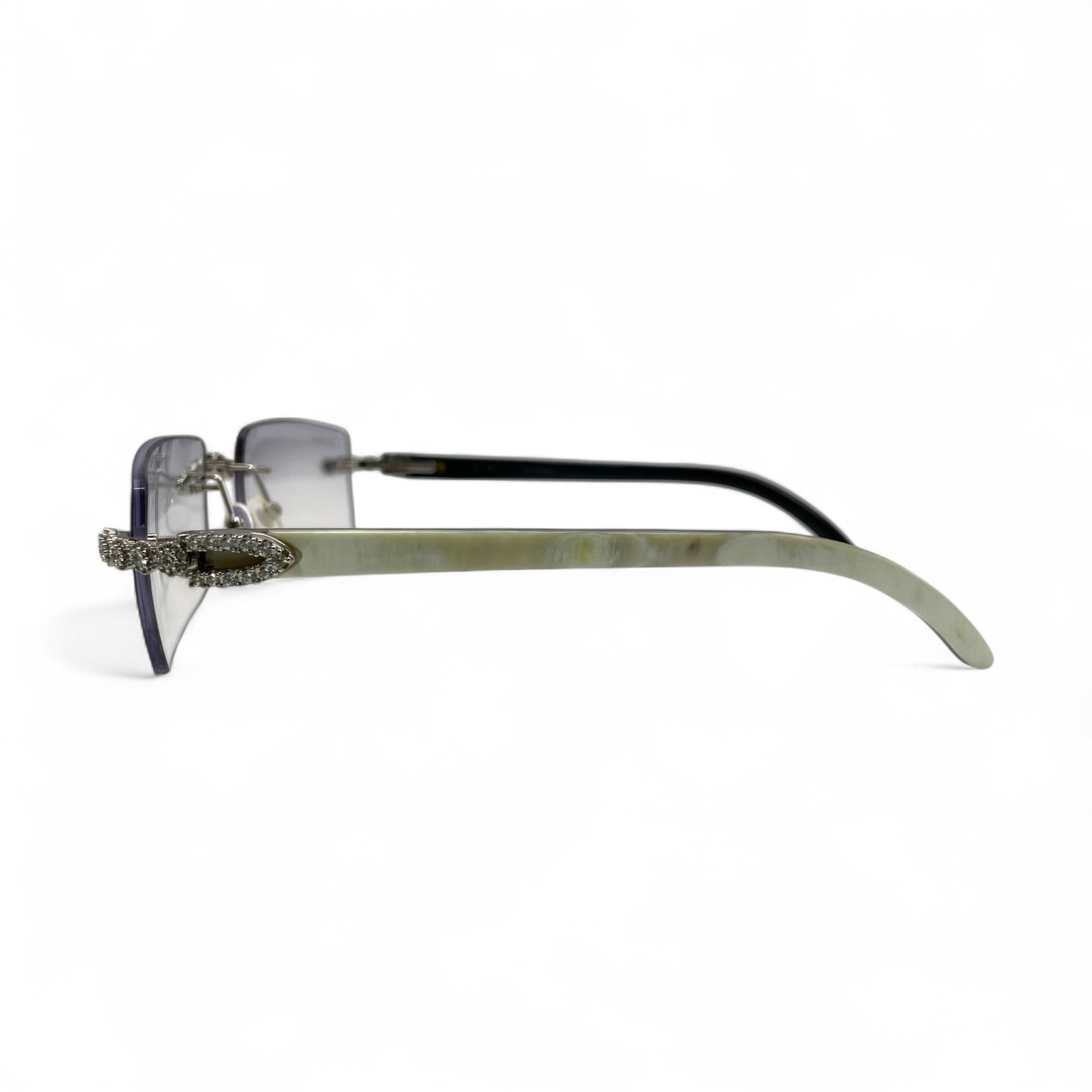 C Decor Buffs (Iced - CZ) - Silver White Genuine Horn Sunglasses w/ Light Gray Lenses - Diamonds Flower Set (2010s)