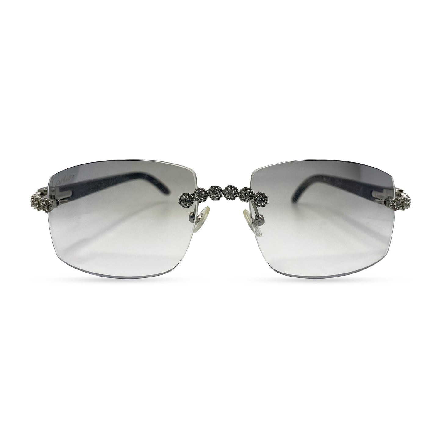 C Decor Buffs (Iced - CZ) - Silver White Genuine Horn Sunglasses w/ Light Gray Lenses - Diamonds Flower Set (2010s)