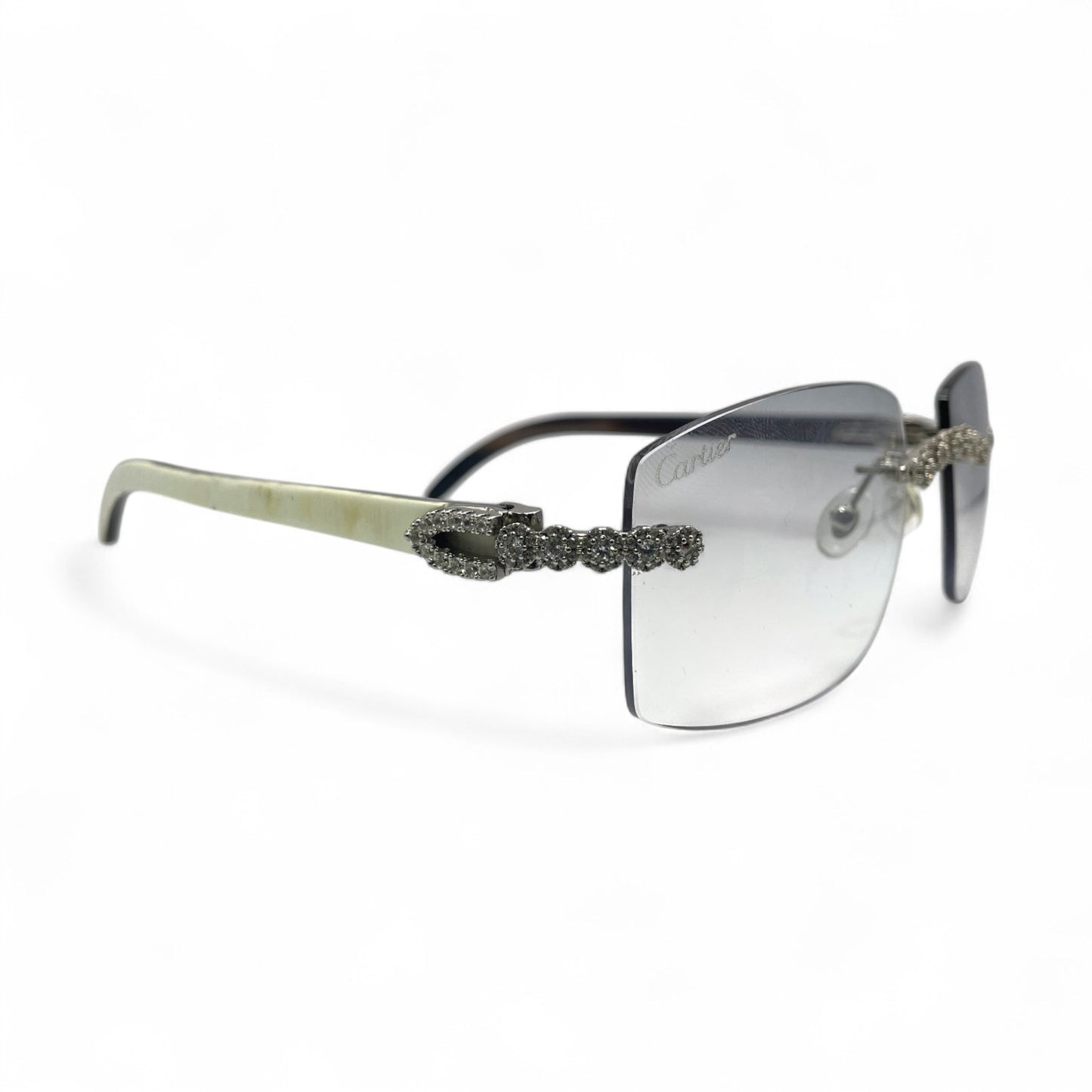 C Decor Buffs (Iced - CZ) - Silver White Genuine Horn Sunglasses w/ Light Gray Lenses - Diamonds Flower Set (2010s)