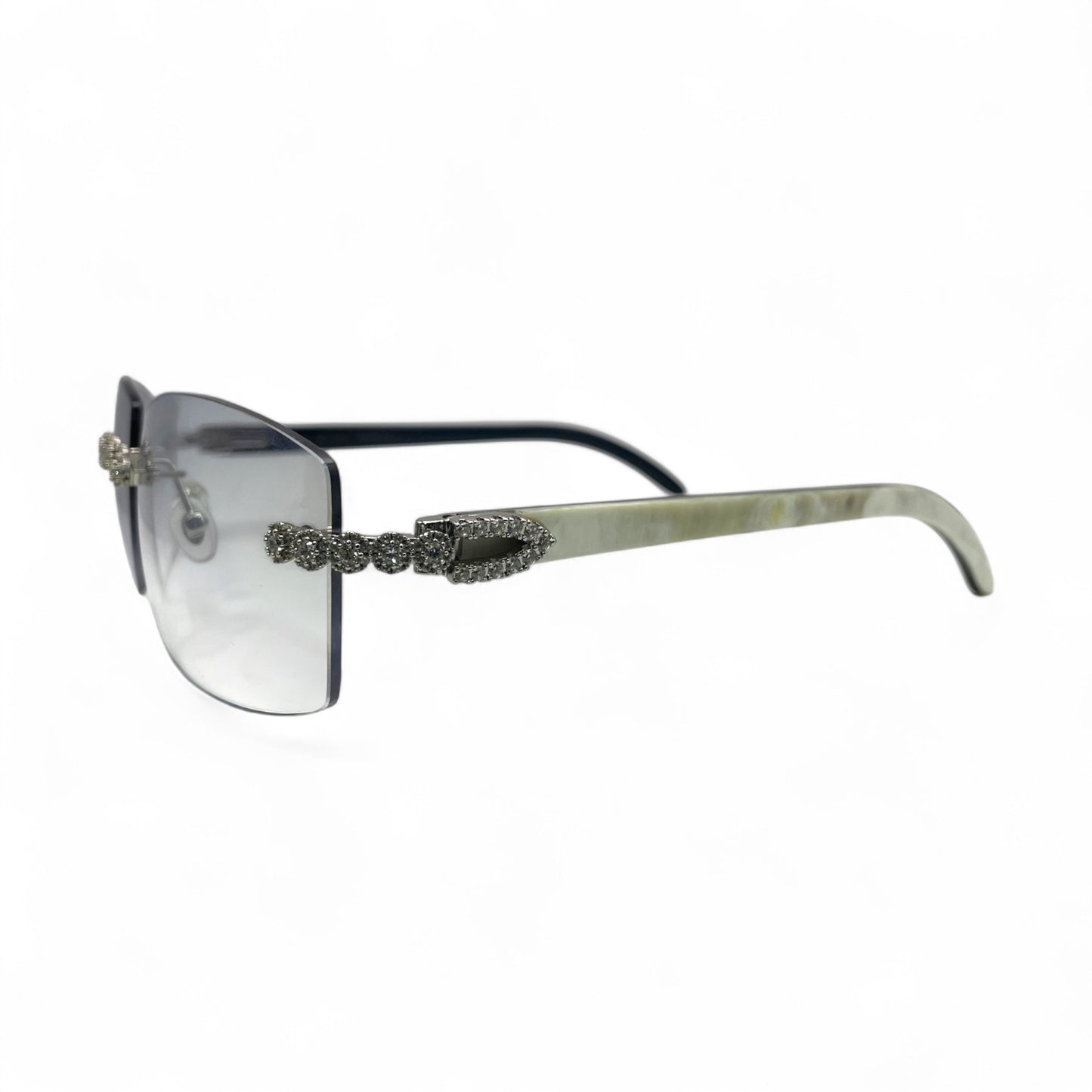C Decor Buffs (Iced - CZ) - Silver White Genuine Horn Sunglasses w/ Light Gray Lenses - Diamonds Flower Set (2010s)