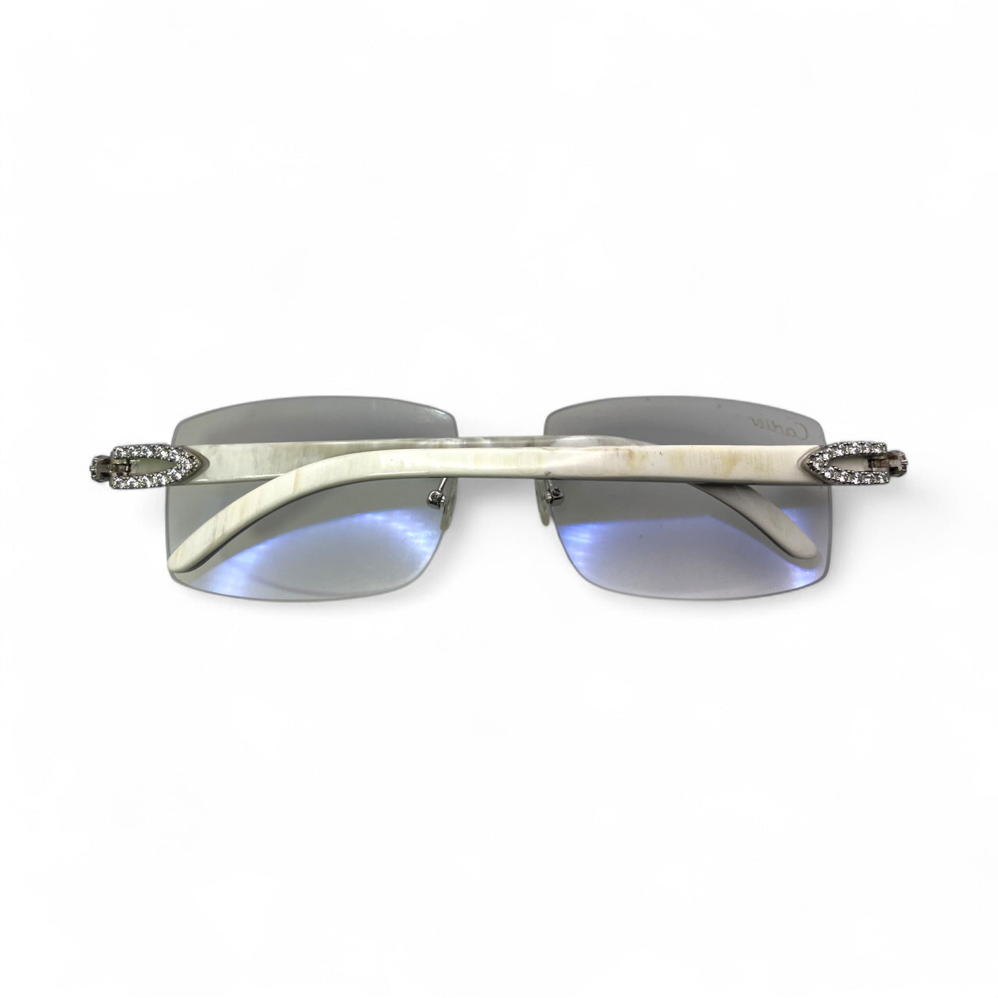 C Decor Buffs (Iced - CZ) - Silver White Genuine Horn Sunglasses w/ Light Gray Lenses - Diamonds Flower Set (2010s)