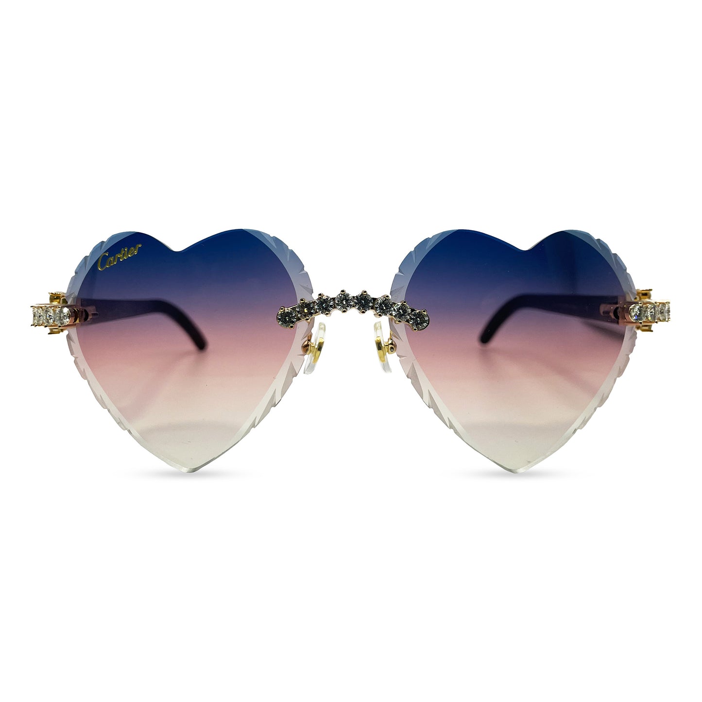 C Decor - Gold White Buffs w/ Blue & Pink Gradient Heart Lenses - Diamonds Prong Set
