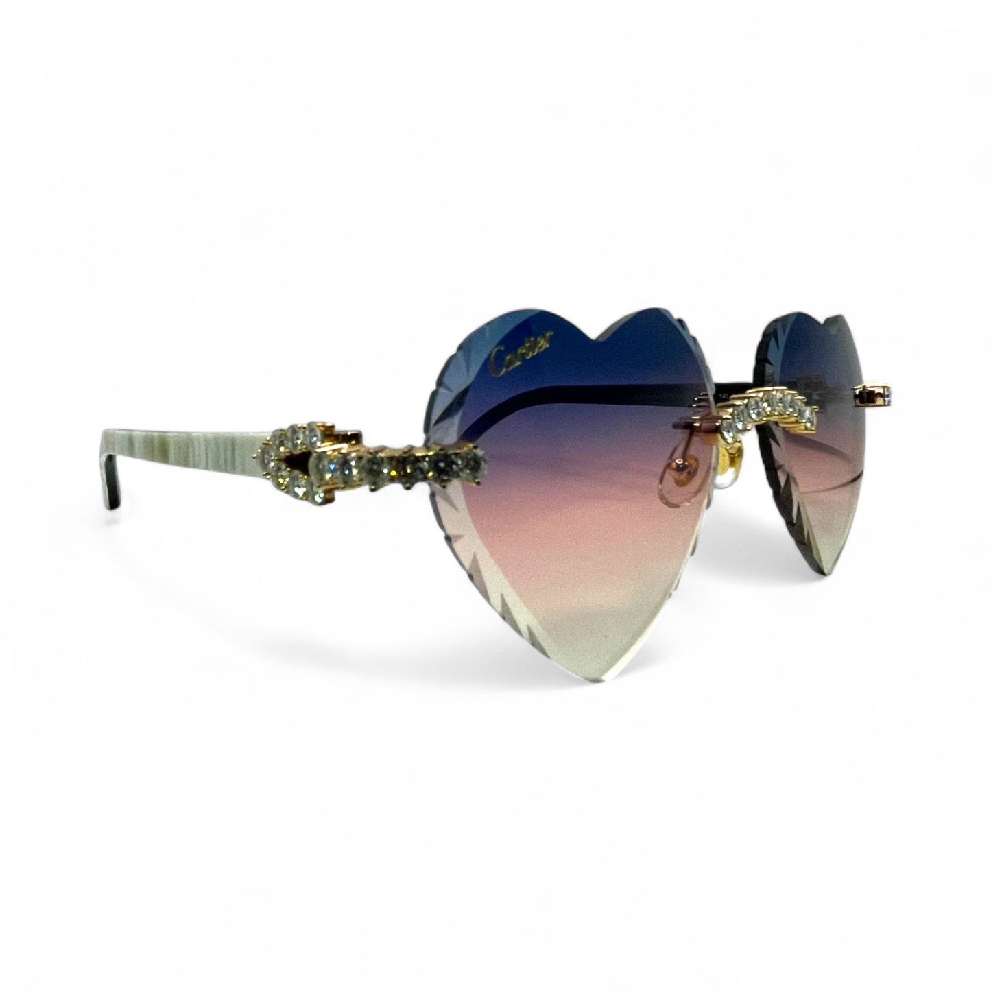 C Decor Buffs (Iced w/ Diamond Cut) - White Genuine Horn Sunglasses w/ Blue & Pink Gradient Heart Lenses (2020s)