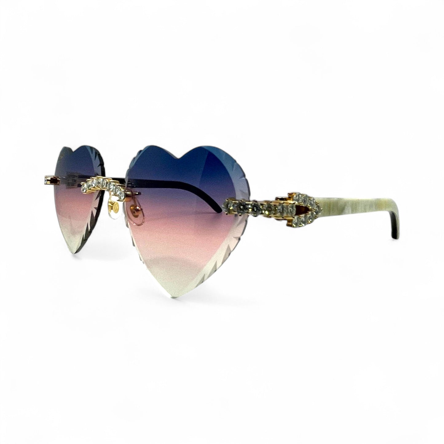 C Decor Buffs (Iced w/ Diamond Cut) - White Genuine Horn Sunglasses w/ Blue & Pink Gradient Heart Lenses (2020s)