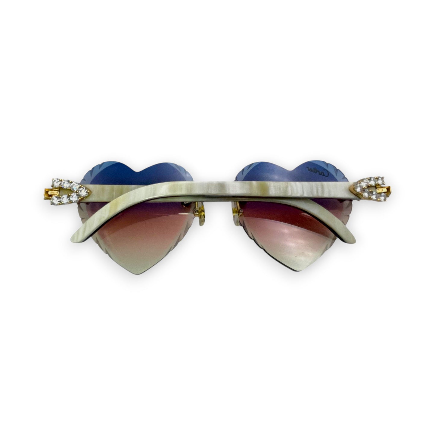 C Decor Buffs (Iced w/ Diamond Cut) - White Genuine Horn Sunglasses w/ Blue & Pink Gradient Heart Lenses (2020s)
