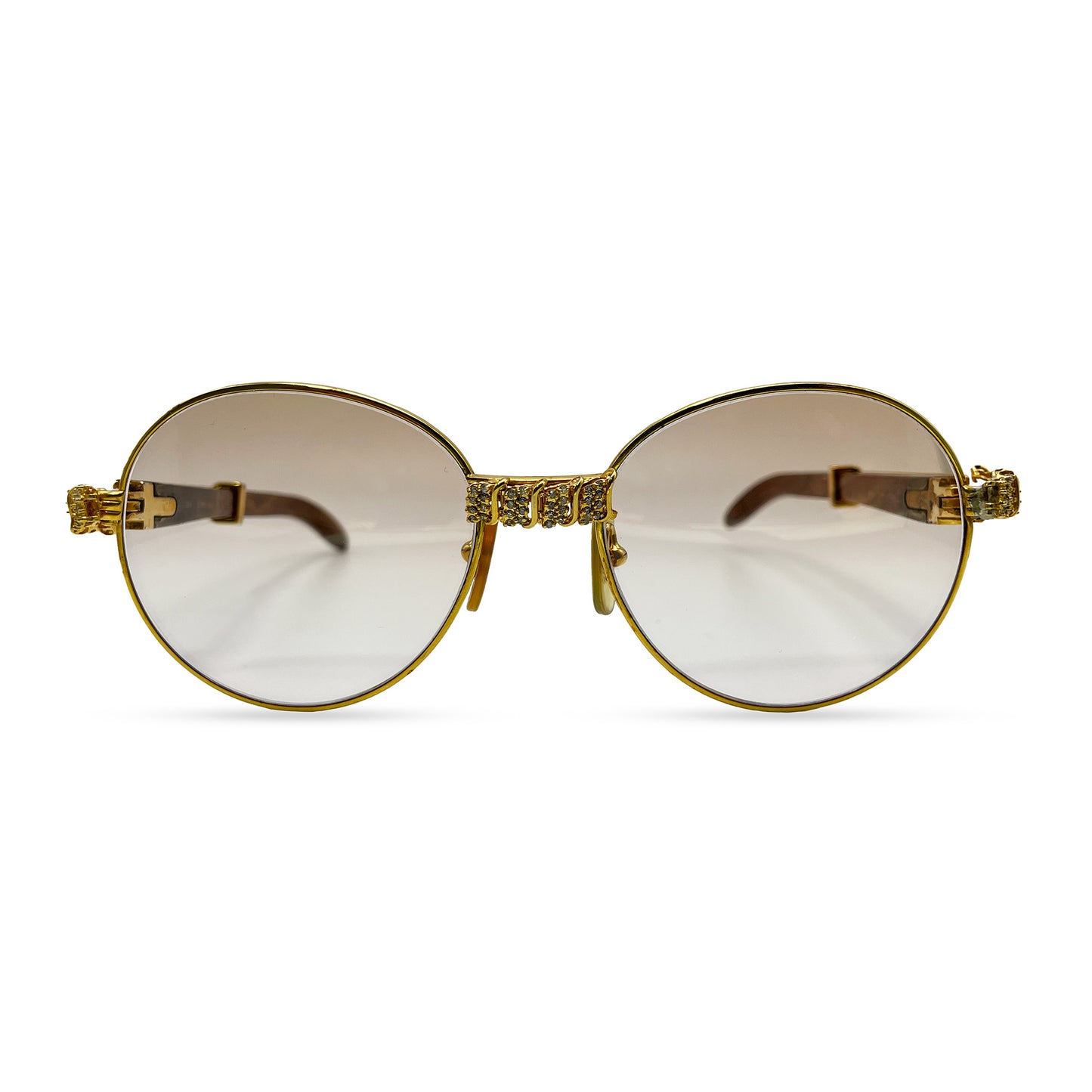 (90s) Cartier - Gold Woods Sunglasses w/ Light Hennessy Brown Lenses & 3pc Diamond Set - Authentic