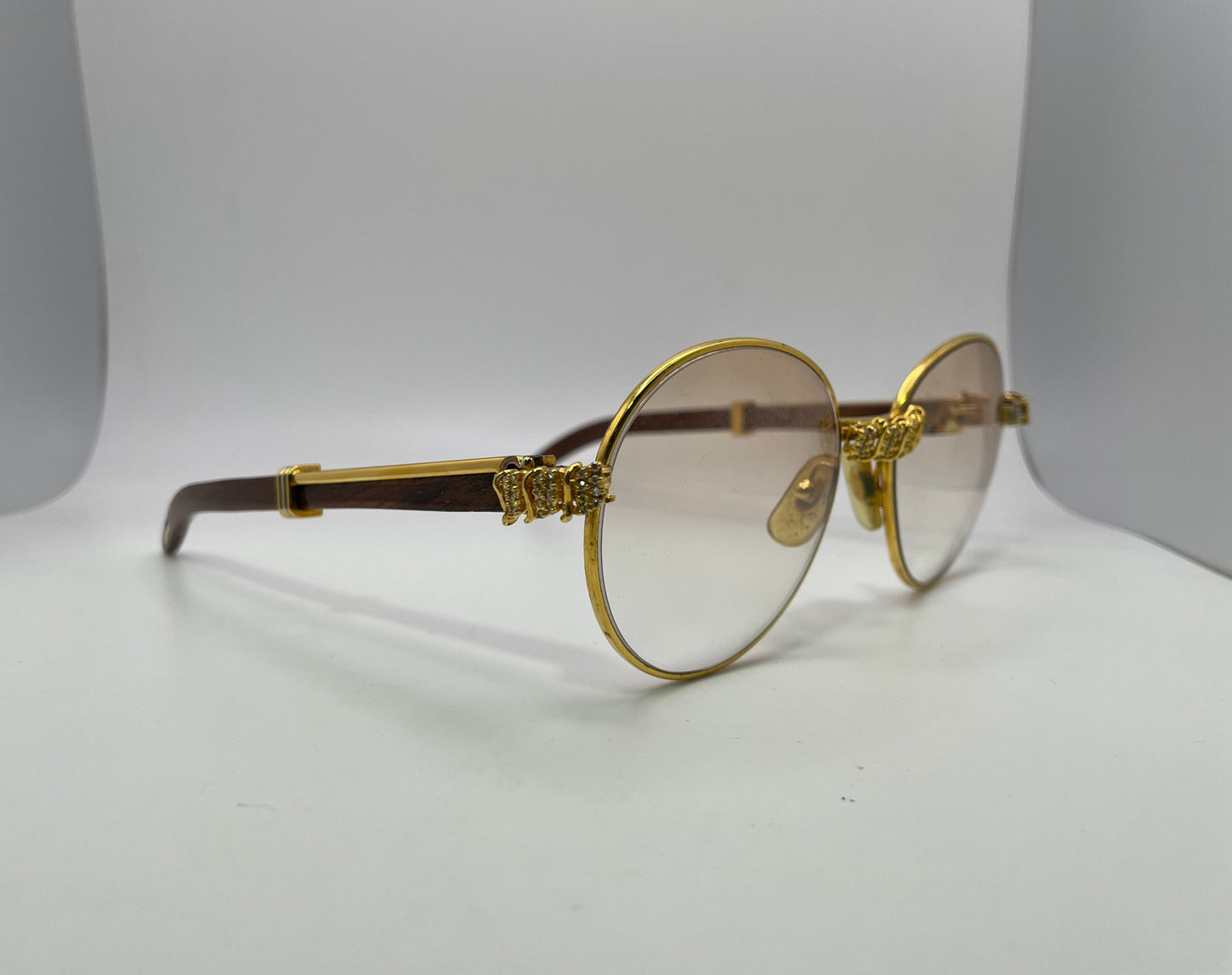 (90s) Cartier - Gold Woods Sunglasses w/ Light Hennessy Brown Lenses & 3pc Diamond Set - Authentic