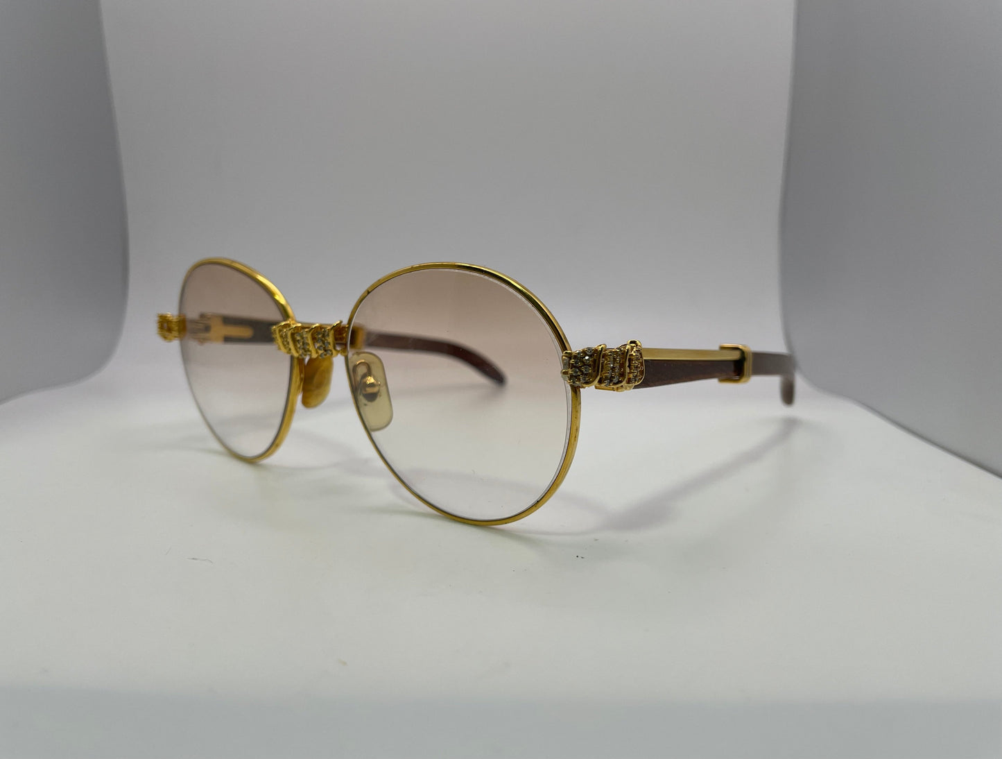 (90s) Cartier - Gold Woods Sunglasses w/ Light Hennessy Brown Lenses & 3pc Diamond Set - Authentic