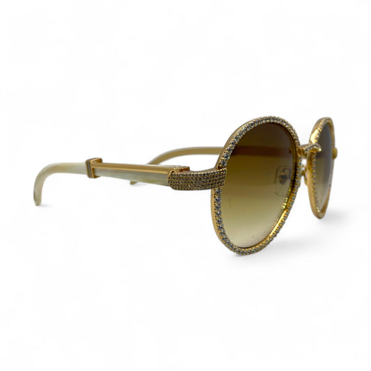 Bagatelle (Iced - CZ) - 56-16 Gold White Genuine Horn Sunglasses w/ Diamond Frame & Olive Brown Lenses
