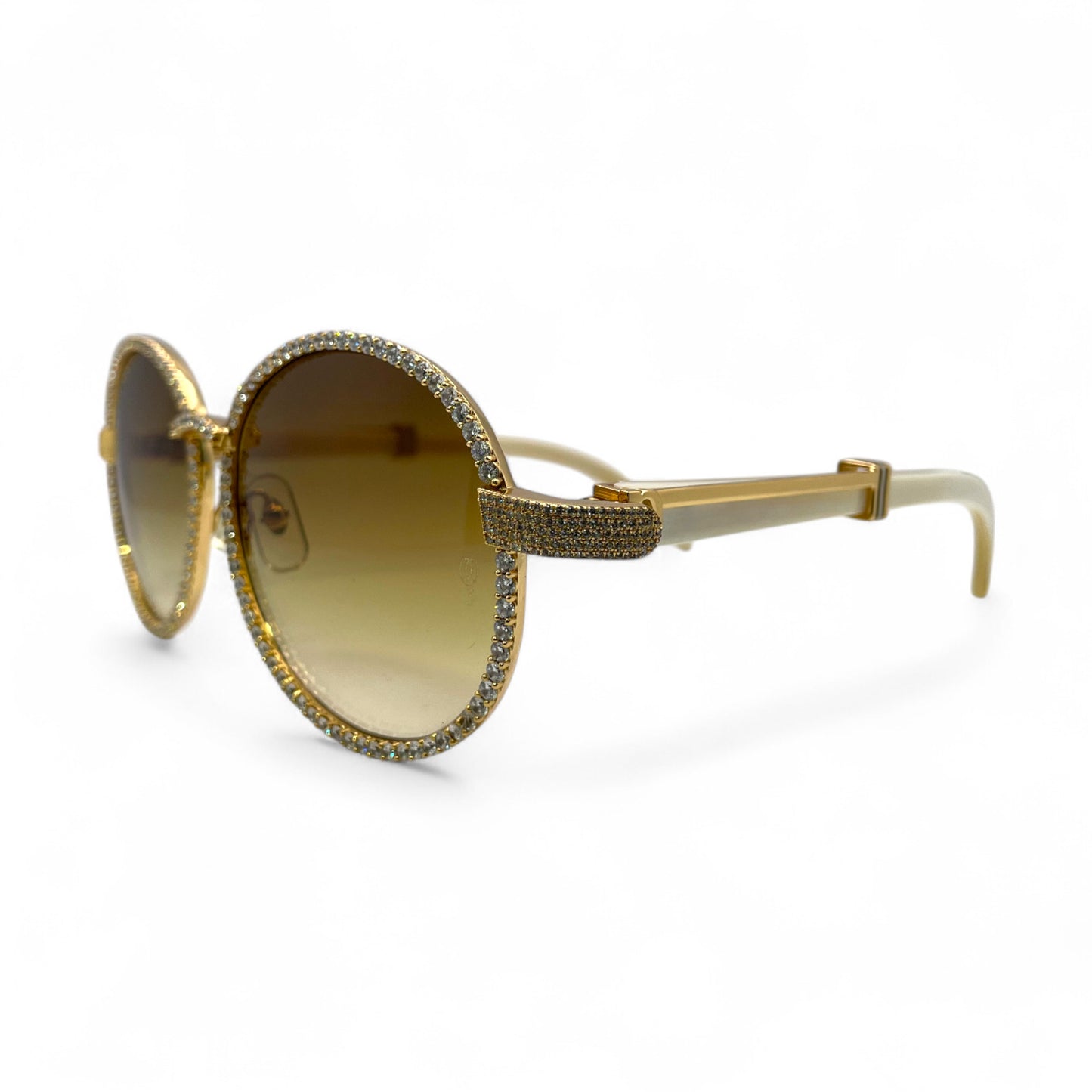 Bagatelle (Iced - CZ) - 56-16 Gold White Genuine Horn Sunglasses w/ Diamond Frame & Olive Brown Lenses