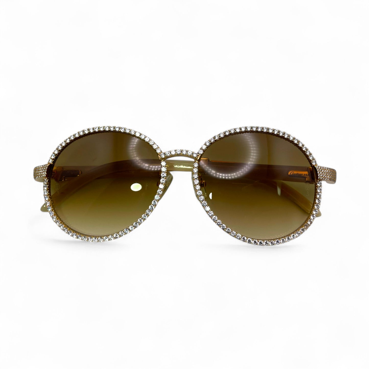Bagatelle (Iced - CZ) - 56-16 Gold White Genuine Horn Sunglasses w/ Diamond Frame & Olive Brown Lenses