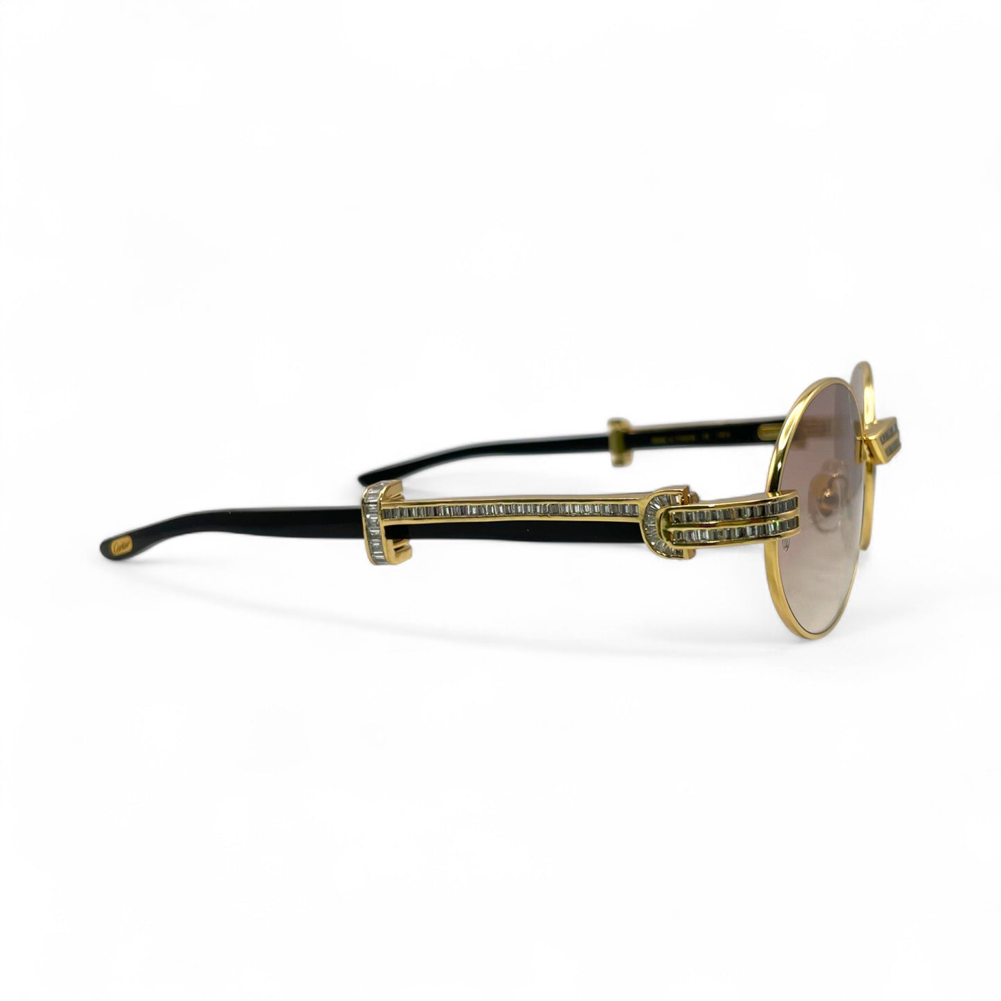 Giverny (Iced) - 55-22 Gold Genuine Horn Sunglasses w/ Brown Lenses & Baguette Diamonds Channel Set (90s)