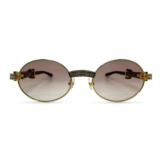 Giverny (Iced) - 55-22 Gold Genuine Horn Sunglasses w/ Brown Lenses & Baguette Diamonds Channel Set (90s)