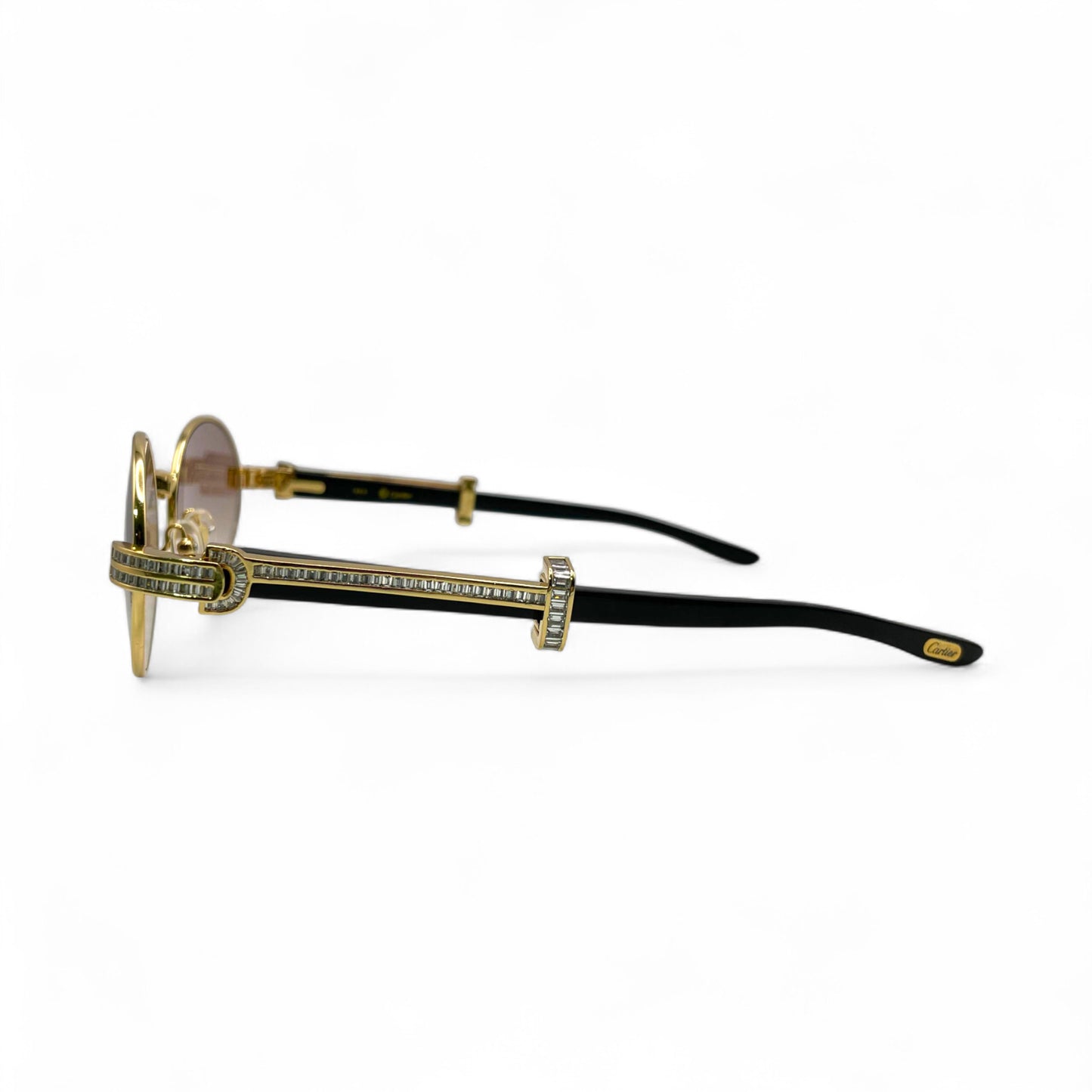 Giverny (Iced) - 55-22 Gold Genuine Horn Sunglasses w/ Brown Lenses & Baguette Diamonds Channel Set (90s)