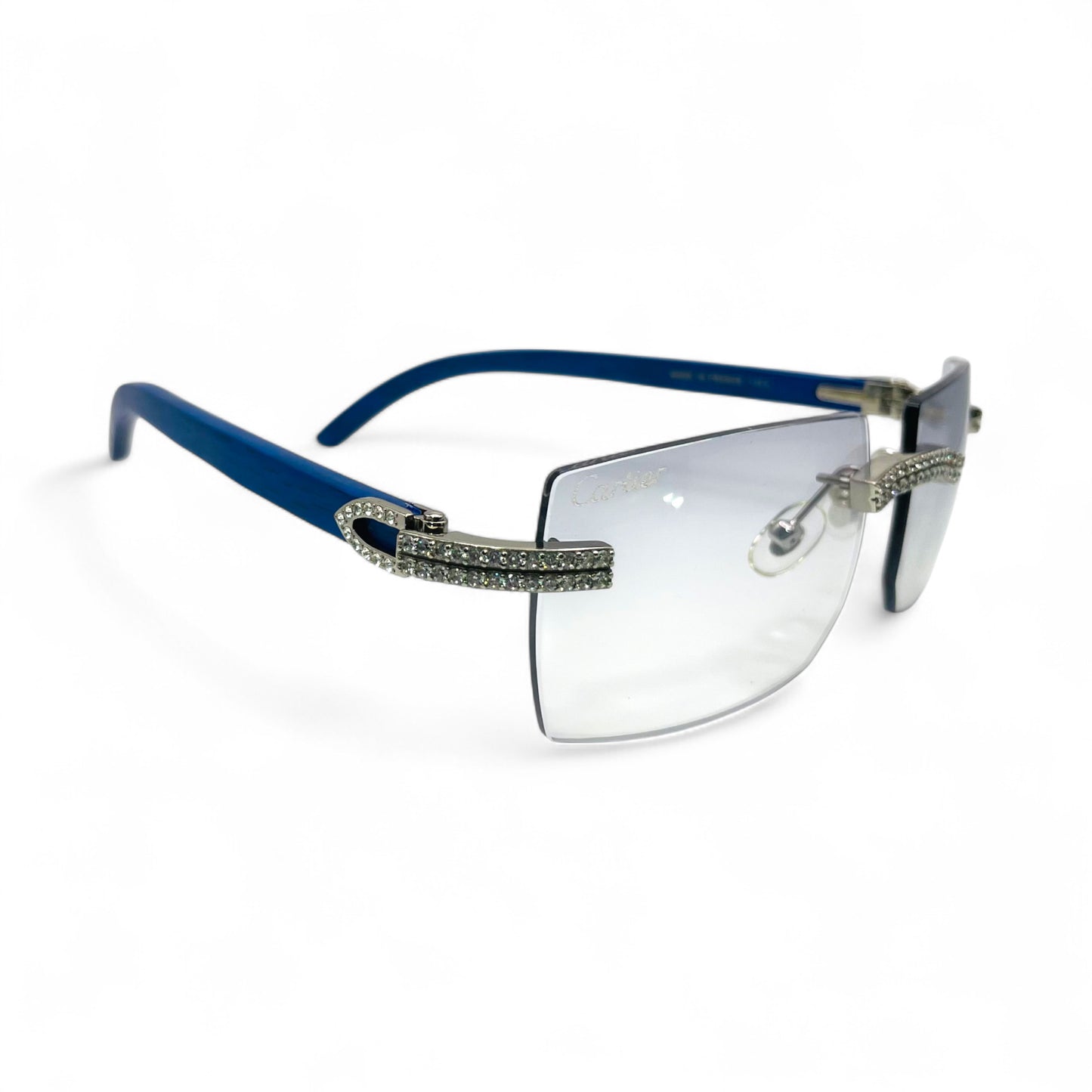 C Decor Woods (Iced - Moissanite) - Silver Blue Woods Sunglasses w/ Moissanite Diamonds Double Row Set (2020s)