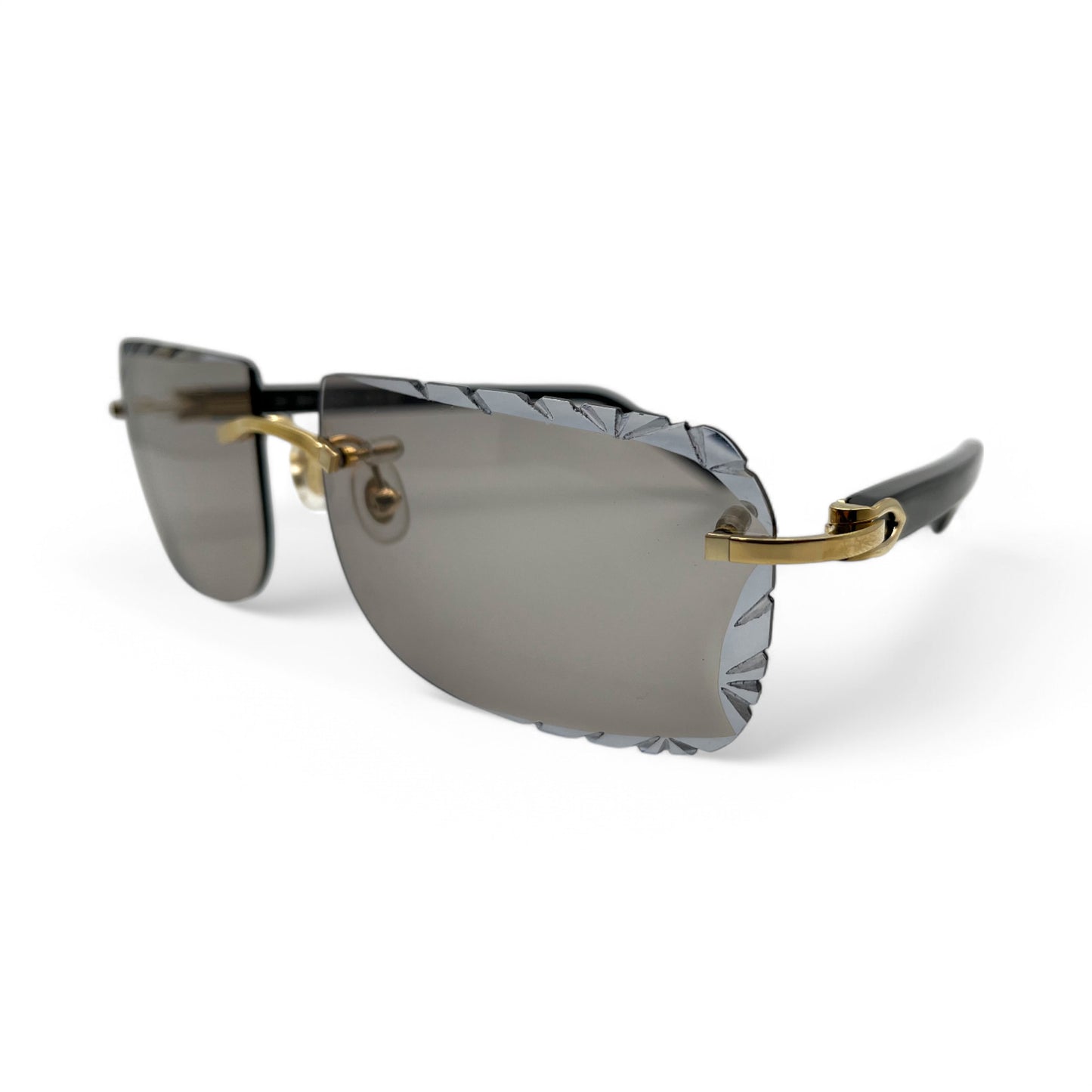 (2010s) Cartier C Decor - Gold Black Acetate Sunglasses w/ Light Gray Lenses (Diamond Cuts) - Authentic