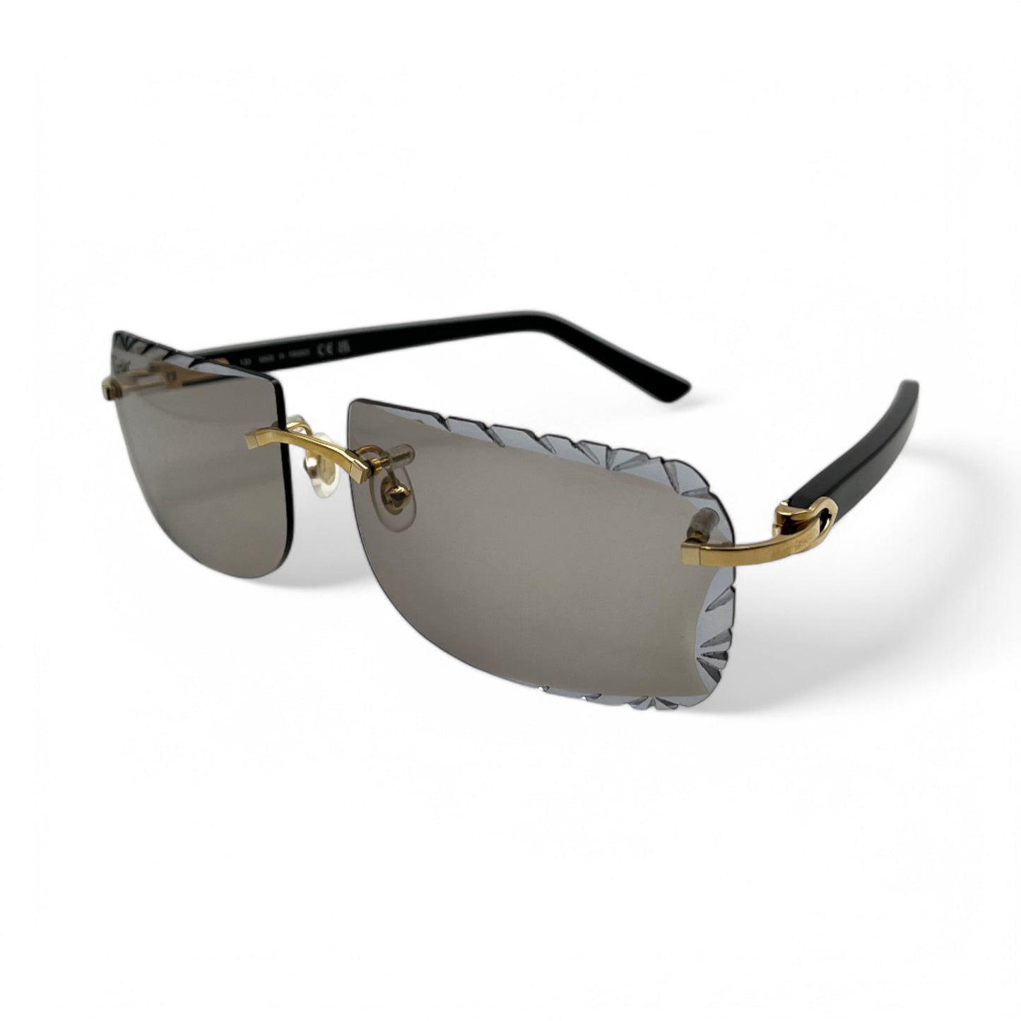(2010s) Cartier C Decor - Gold Black Acetate Sunglasses w/ Light Gray Lenses (Diamond Cuts) - Authentic