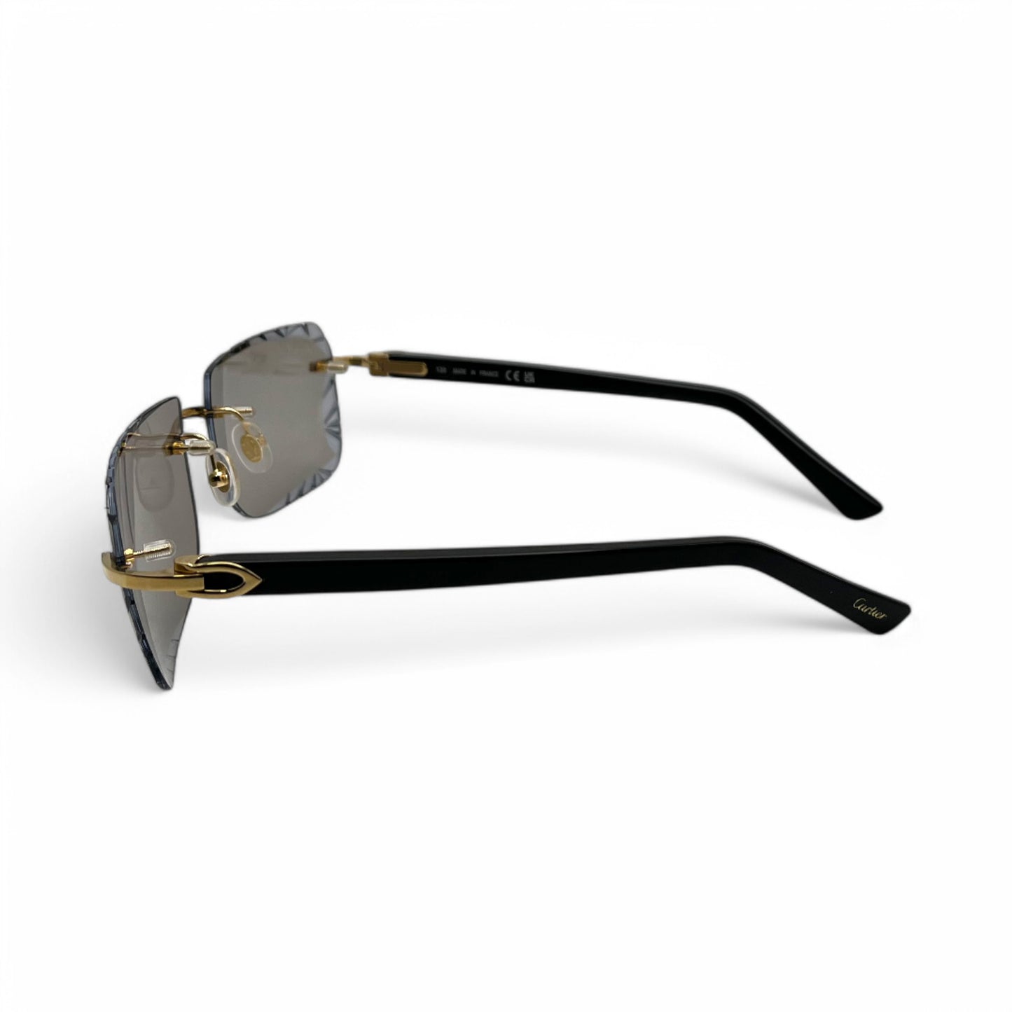 (2010s) Cartier C Decor - Gold Black Acetate Sunglasses w/ Light Gray Lenses (Diamond Cuts) - Authentic
