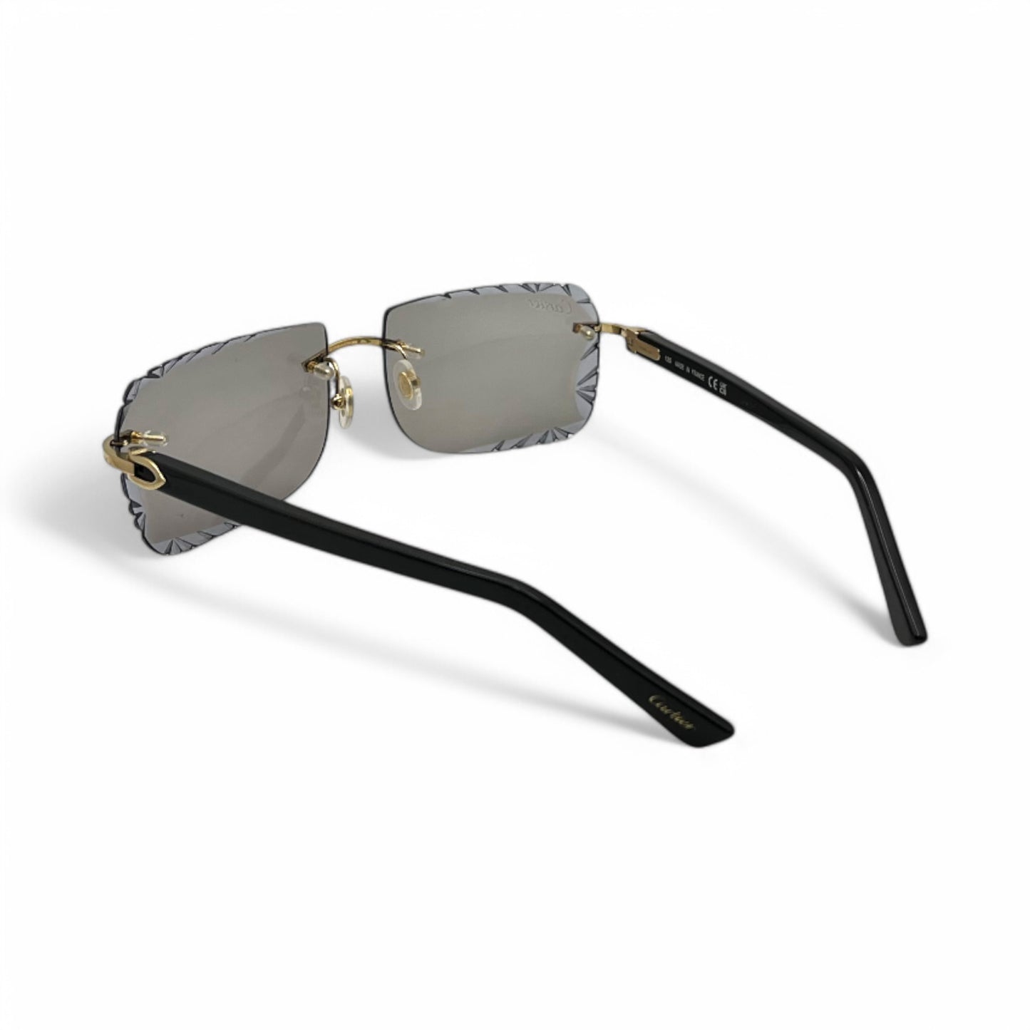 (2010s) Cartier C Decor - Gold Black Acetate Sunglasses w/ Light Gray Lenses (Diamond Cuts) - Authentic