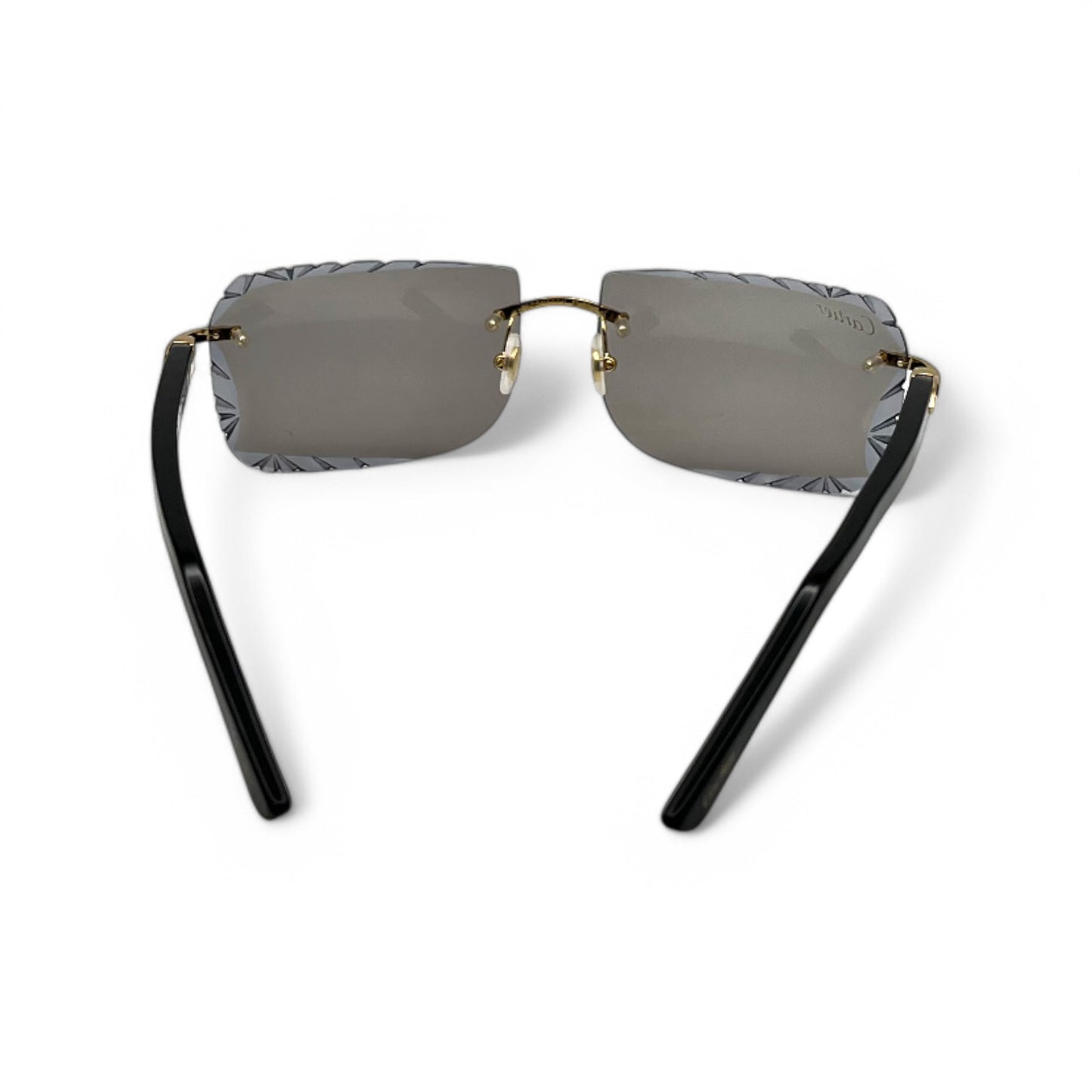 (2010s) Cartier C Decor - Gold Black Acetate Sunglasses w/ Light Gray Lenses (Diamond Cuts) - Authentic