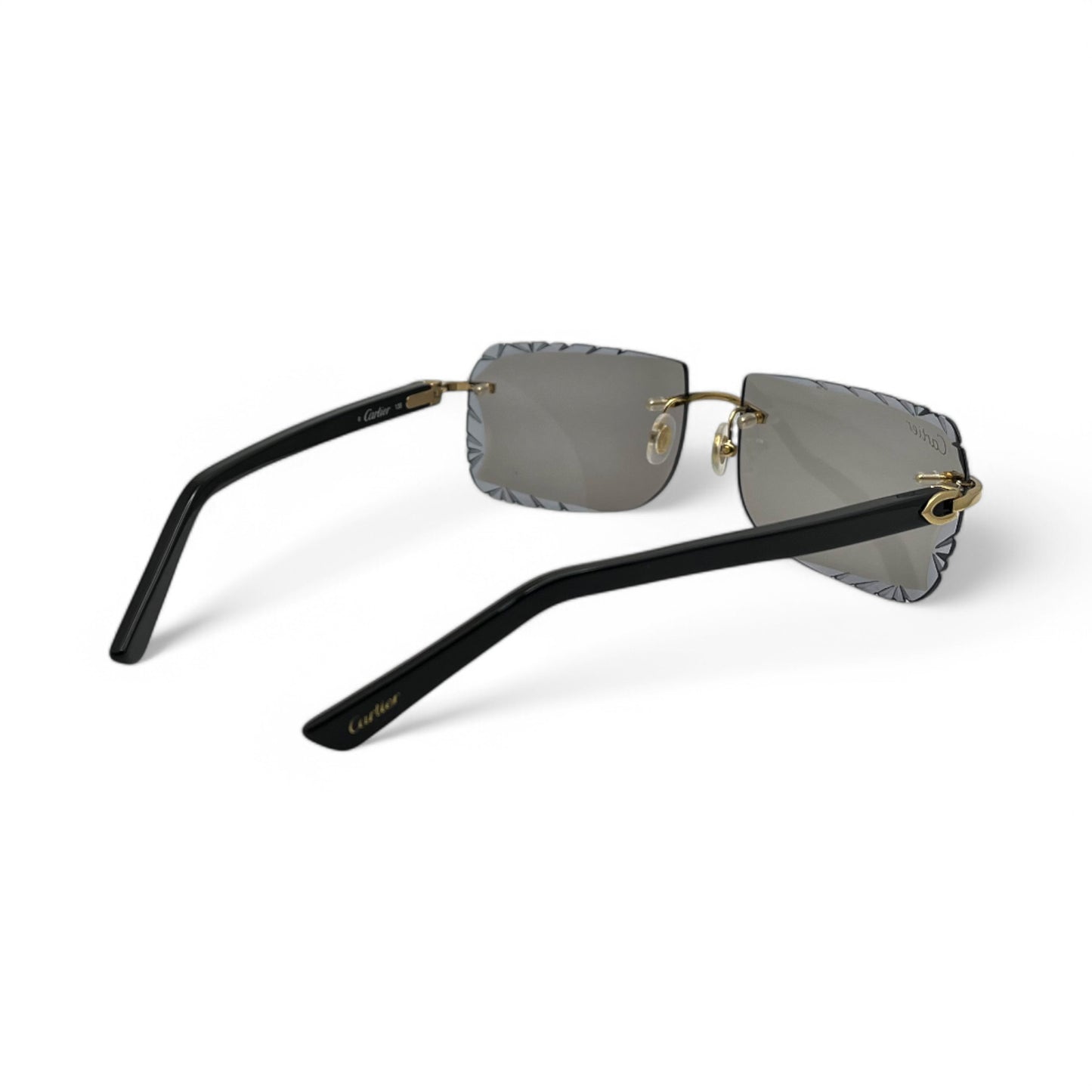 (2010s) Cartier C Decor - Gold Black Acetate Sunglasses w/ Light Gray Lenses (Diamond Cuts) - Authentic