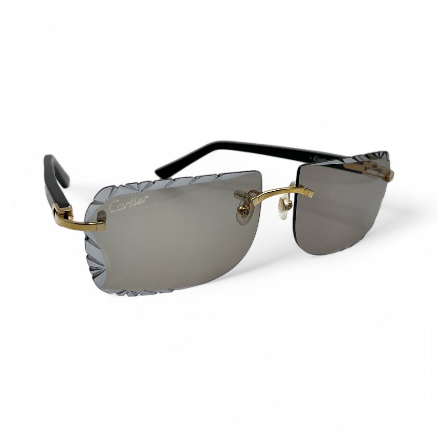 (2010s) Cartier C Decor - Gold Black Acetate Sunglasses w/ Light Gray Lenses (Diamond Cuts) - Authentic