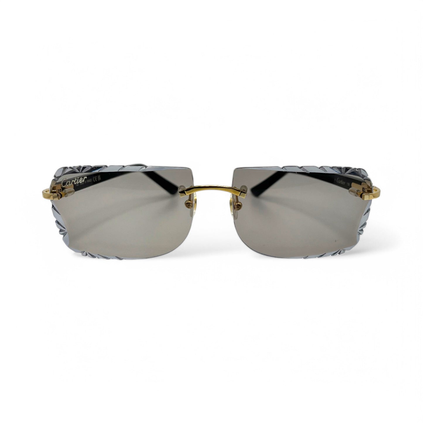 (2010s) Cartier C Decor - Gold Black Acetate Sunglasses w/ Light Gray Lenses (Diamond Cuts) - Authentic
