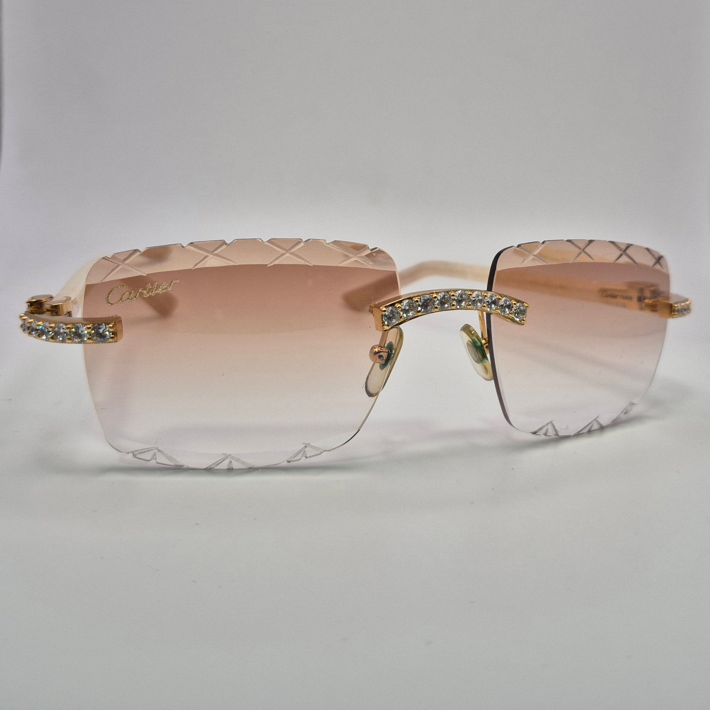 C Decor - Gold White Marbles w/ Light Hennessy Brown Lenses - Diamonds Prong Set