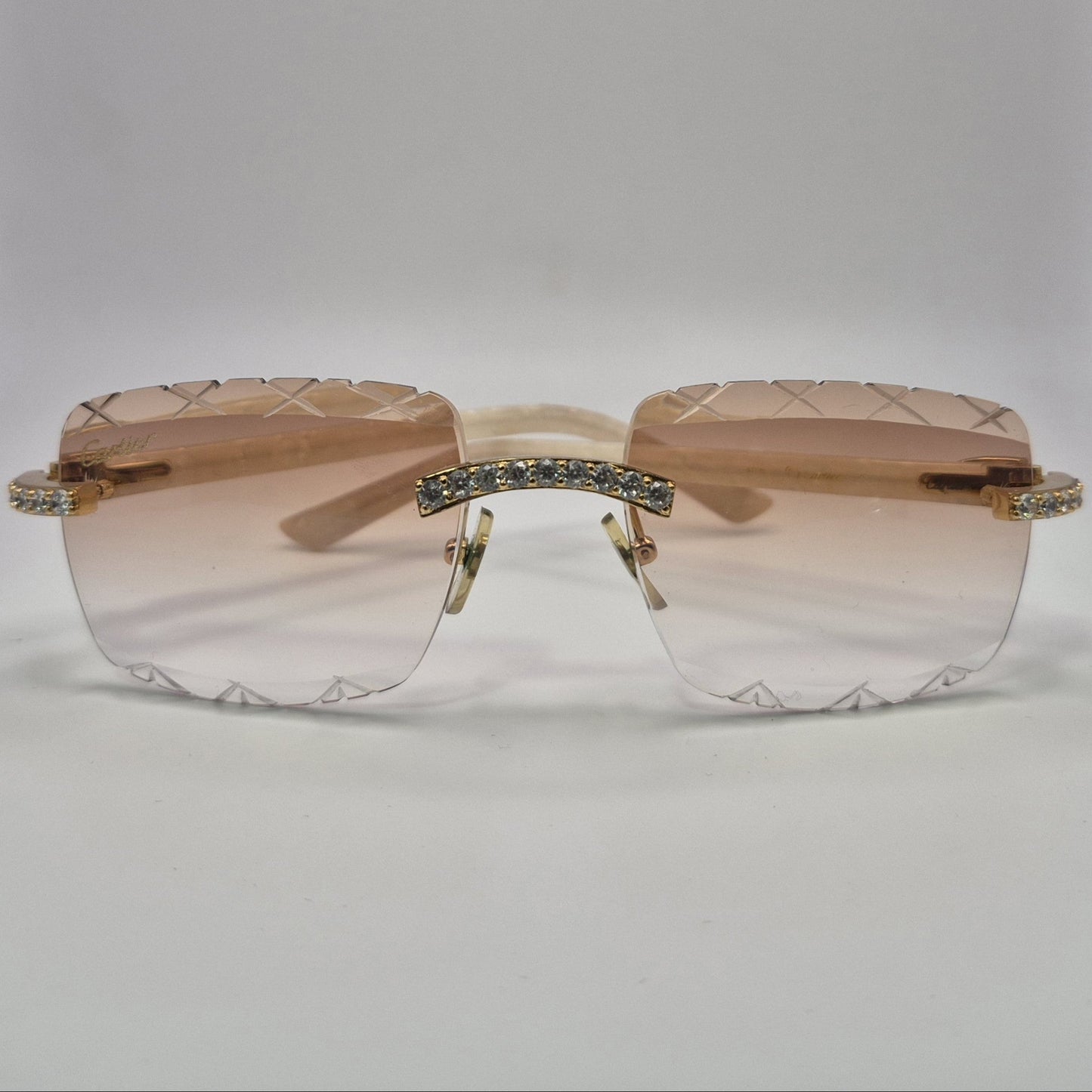 C Decor - Gold White Marbles w/ Light Hennessy Brown Lenses - Diamonds Prong Set