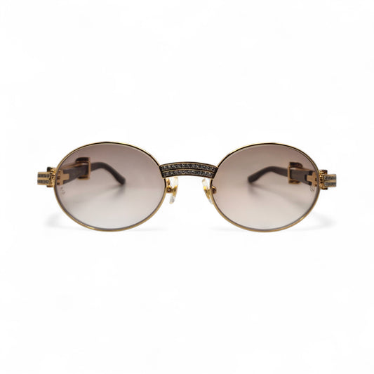 Giverny (Iced) - 53-21 Gold Genuine White Horn Sunglasses w/ Brown Lenses & Round Diamonds Channel Set (90s)