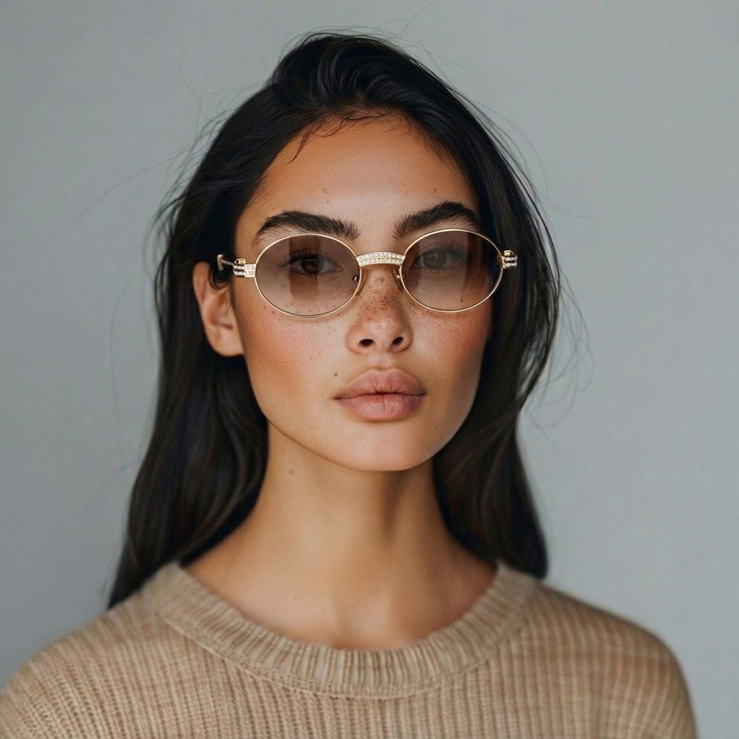 Giverny (Iced) - 55-22 Gold Woods Sunglasses w/ Brown Lenses - Diamond Set (90s) - Luxury Optical