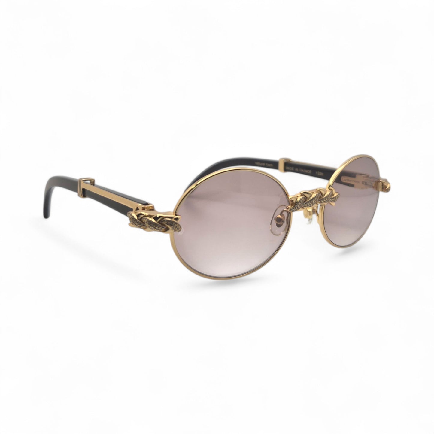 Giverny (Iced) - 55-22 Gold Genuine Black Horn Sunglasses w/ Brown Lenses & Diamonds X-Link Set (90s)