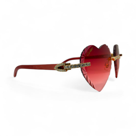 C Decor Woods (Iced w/ Diamond Cut) - Gold Red Woods Sunglasses w/ Raspberry Red Heart Lenses - Diamonds Prong Set (2020s)