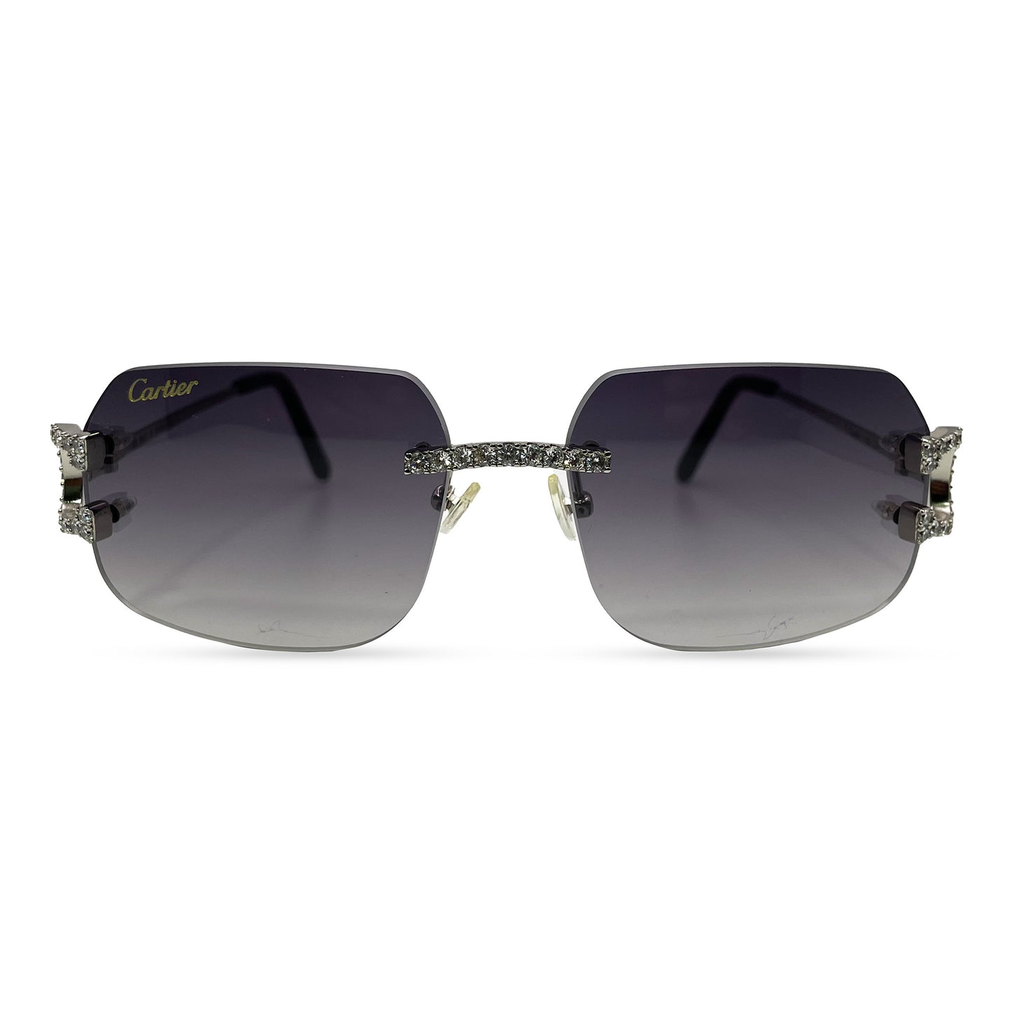 Big C Decor (Iced) - Silver Wires Sunglasses w/ Custom Dark Gray Lenses - 3pc Diamonds Prong Set (2010s)