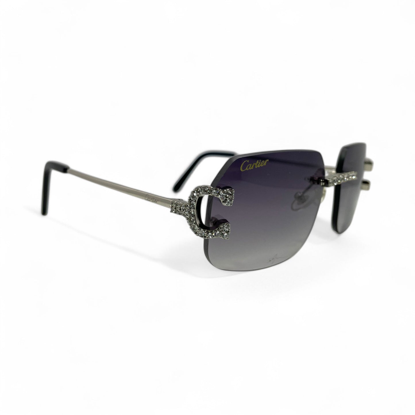 Big C Decor (Iced) - Silver Wires Sunglasses w/ Custom Dark Gray Lenses - 3pc Diamonds Prong Set (2010s)