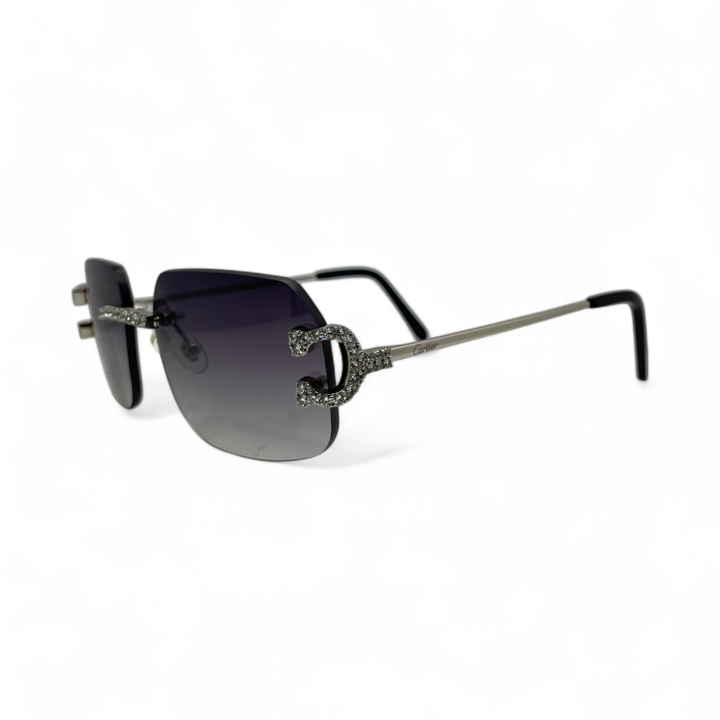 Big C Decor (Iced) - Silver Wires Sunglasses w/ Custom Dark Gray Lenses - 3pc Diamonds Prong Set (2010s)