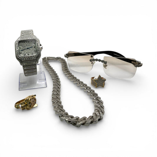 Street Luxury 5-Piece Set: Custom C Decor Buffs, Iced Out Watch & Jewelry
