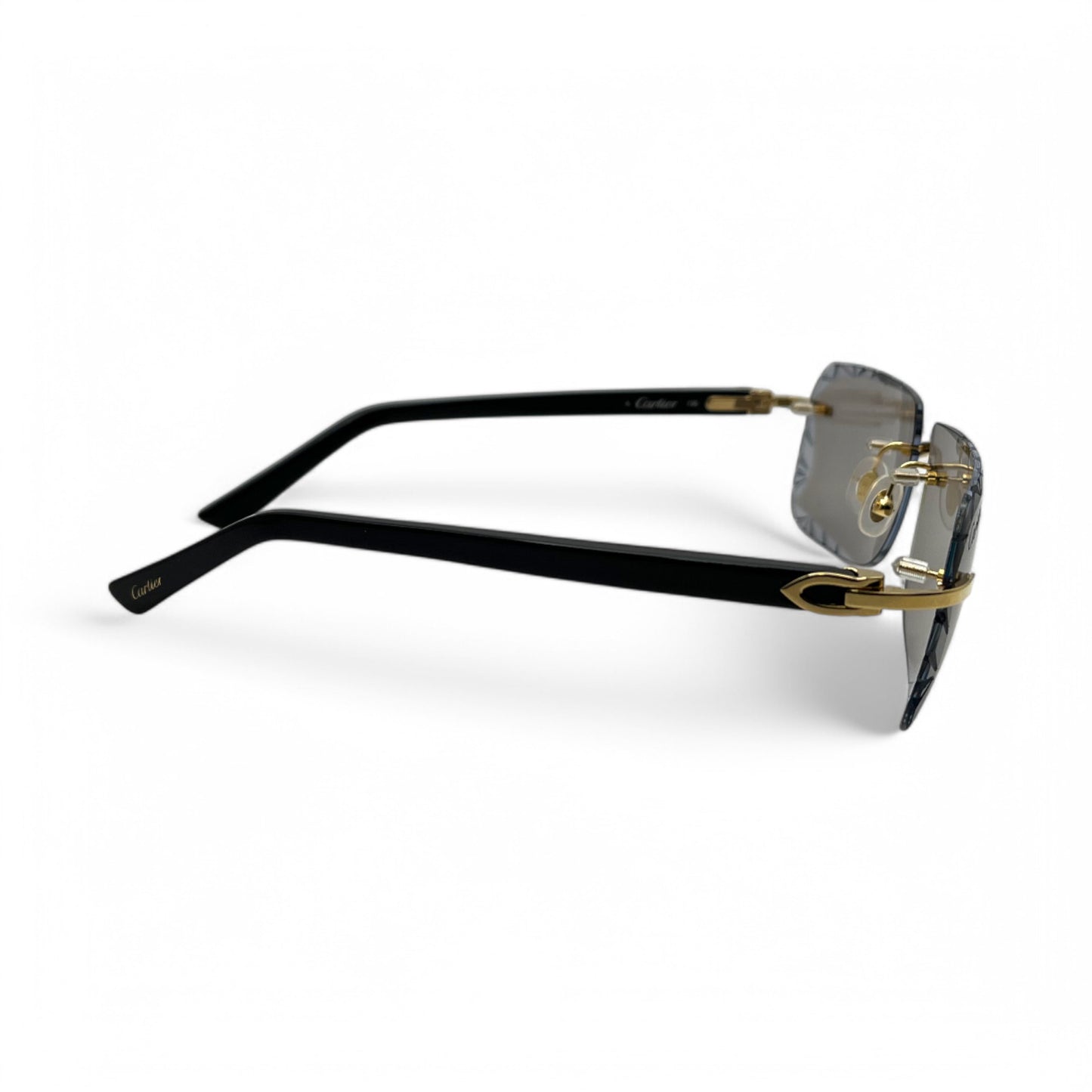 (2010s) Cartier C Decor - Gold Black Acetate Sunglasses w/ Light Gray Lenses (Diamond Cuts) - Authentic