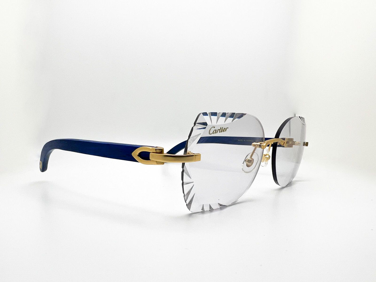 Limited edition Decor C Brushed Gold with Azure Blue Wood Diamond Cut Butterfly Lenses - Luxury Optical